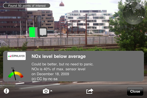 Eksempel fra Layars appplikation til iPhone, som her viser et datalag med aktuelle miljødata om luftkvaliteten på østerbro/Nordhavn i København.
