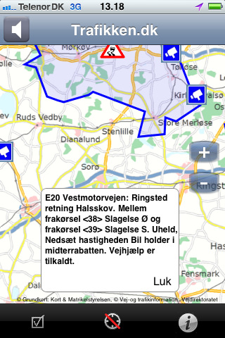 Skærmbillede fra vejdirektoratets app til iPhone og skærmbillede fra “Giv et praj” app, som kan sende berigede billeder med kommentarer og GPS-opmærkning til kommunen.